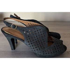 Clarks Artisan 9M Wessex Shay Pump Navy Suede Laser Cut Peep‎ Toe Heels Career